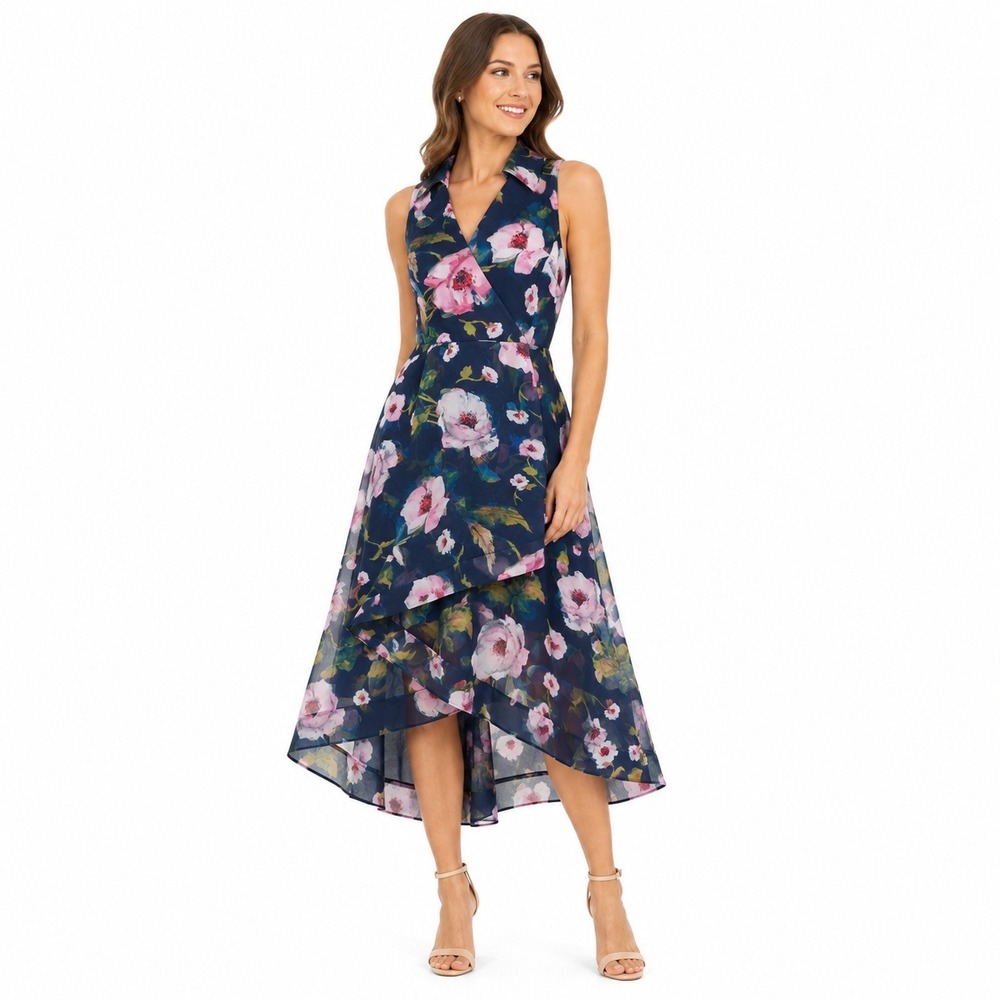Adrianna Papell High-Low Organza Midi Dress Womens 18 Navy Floral Wedding Guest